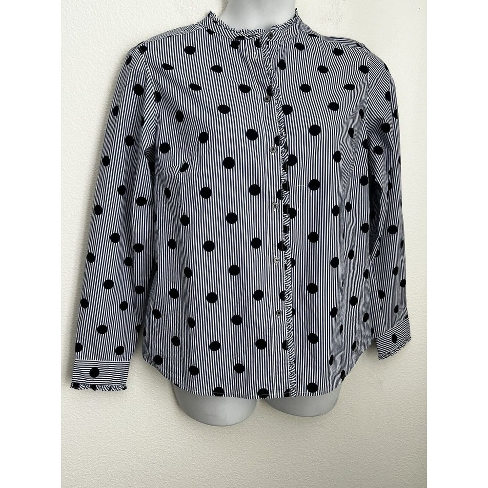 Boden Navy and White Striped Blouse with Black Polka Dots